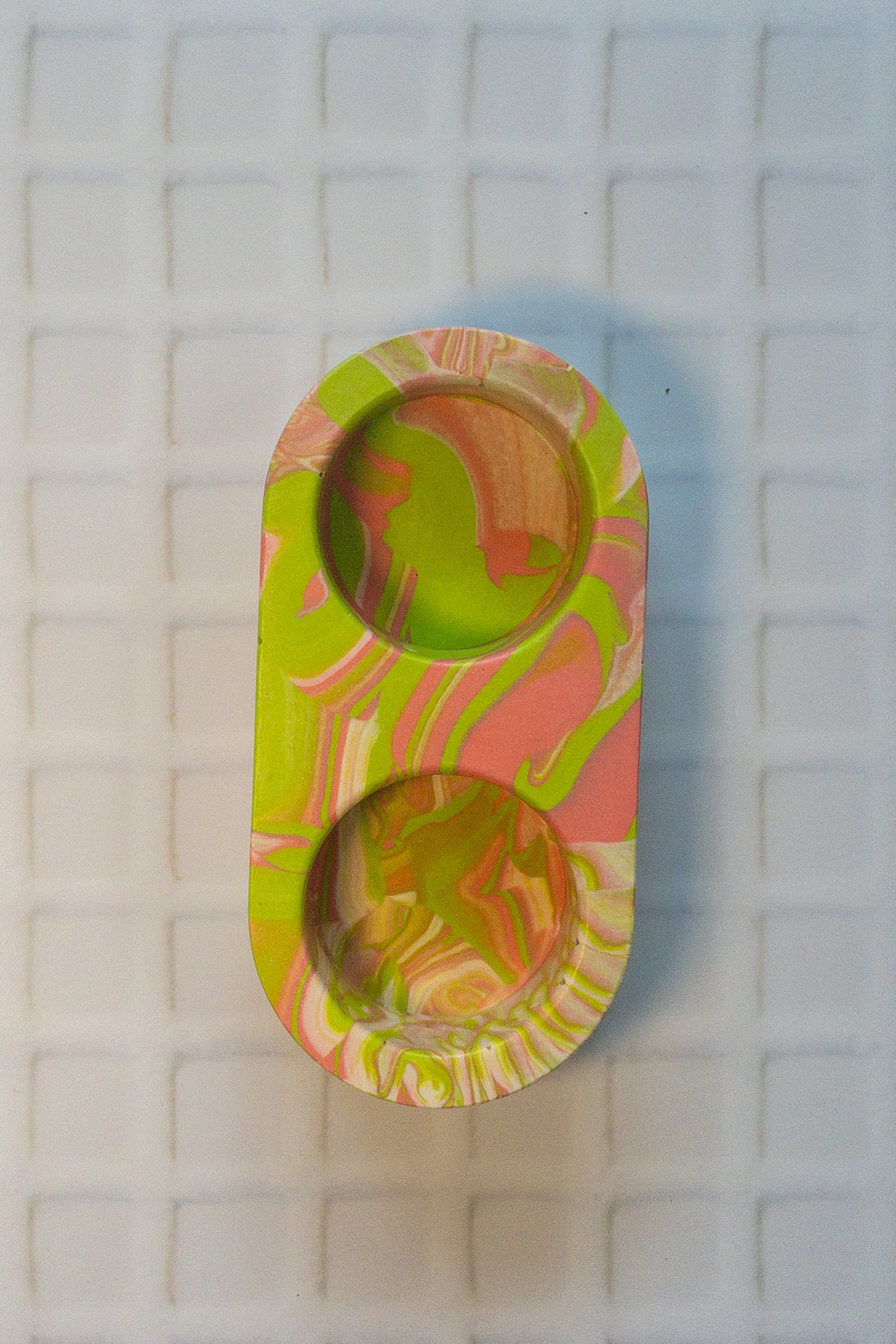 Pink, Green and White Marbled Oval Double Tealight Candle Holder