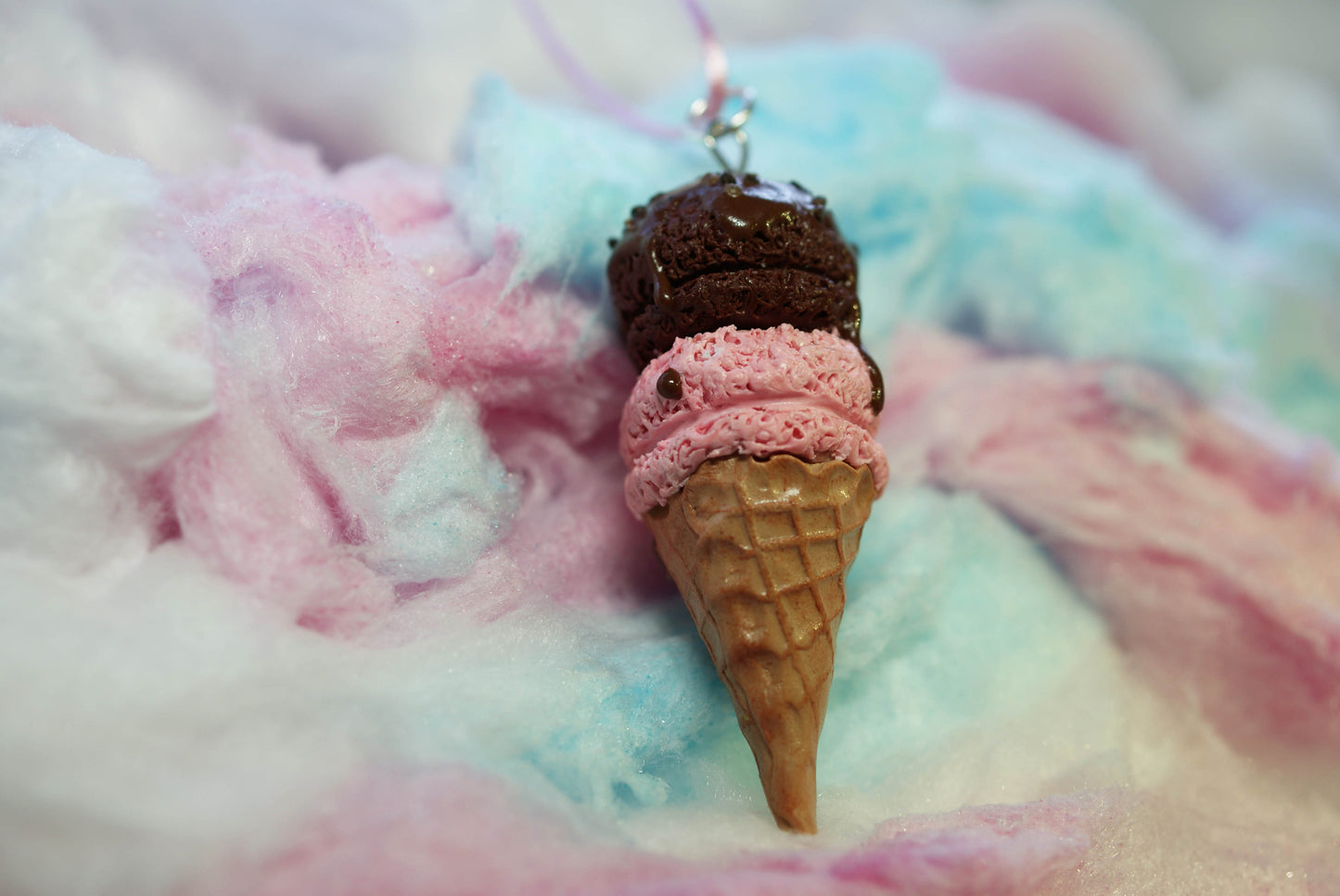 Strawberry and Chocolate Double Scoop Ice Cream Cone Handmade Necklace