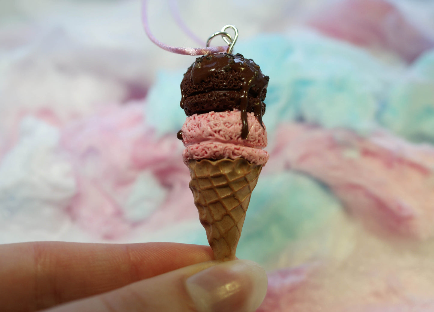 Strawberry and Chocolate Double Scoop Ice Cream Cone Handmade Necklace