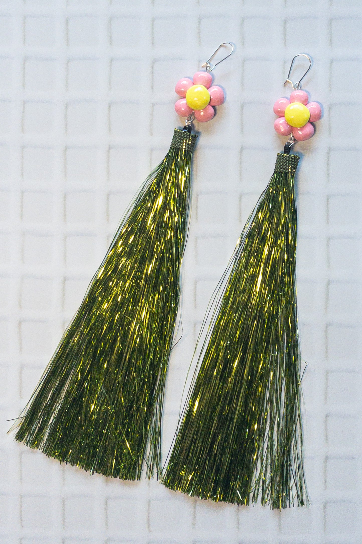 Pink and Yellow Daisy + Green Tinsel Party Earrings