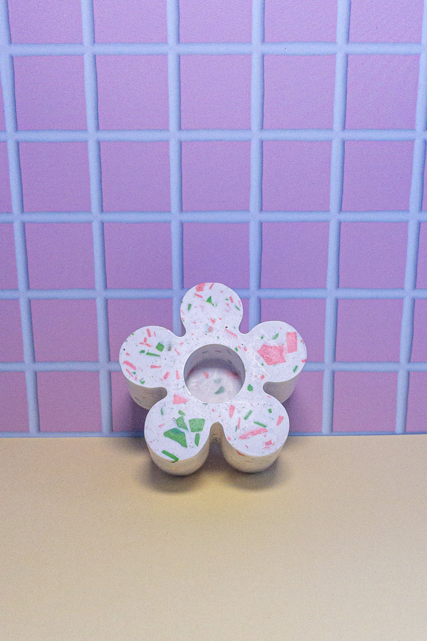 White, Pink and Green Terrazzo Daisy Taper Candle Holder