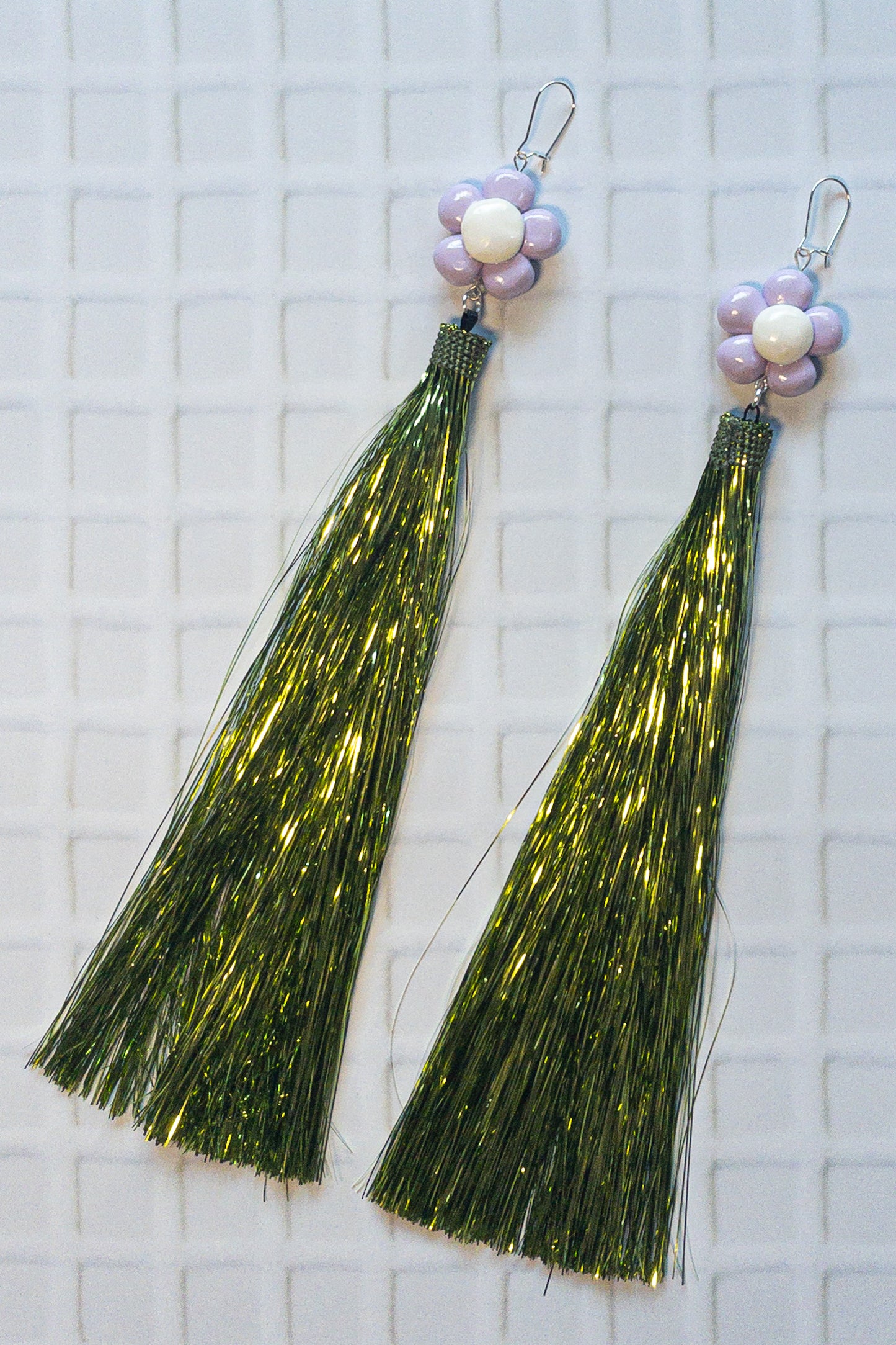 Lilac and White Daisy + Green Tinsel Party Earrings