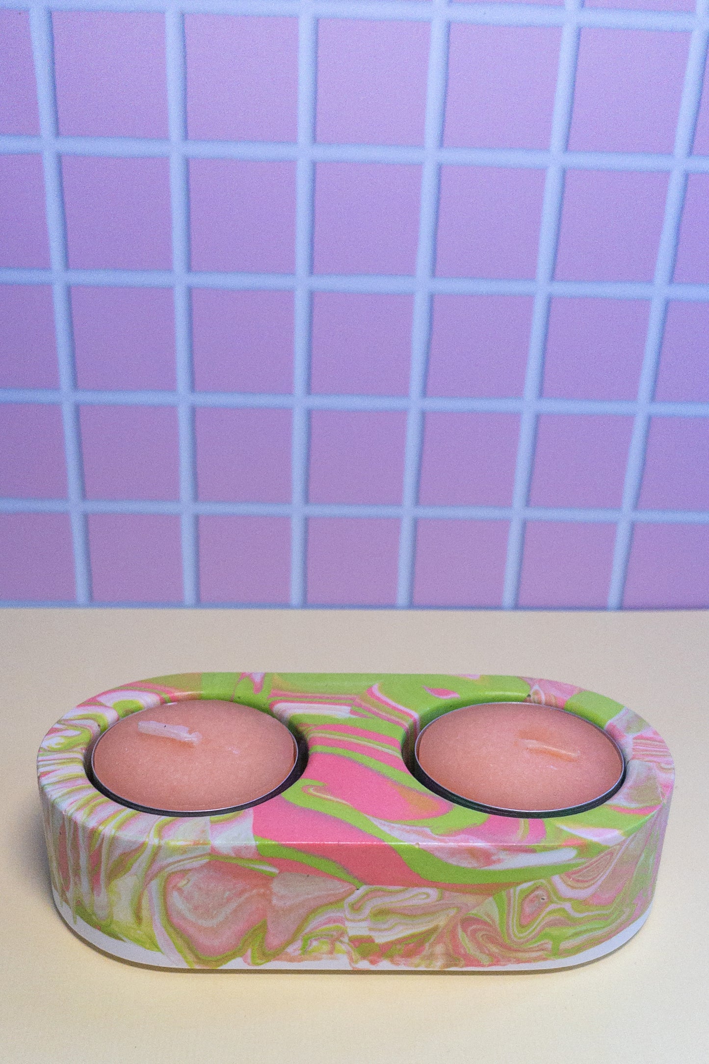 Pink, Green and White Marbled Oval Double Tealight Candle Holder