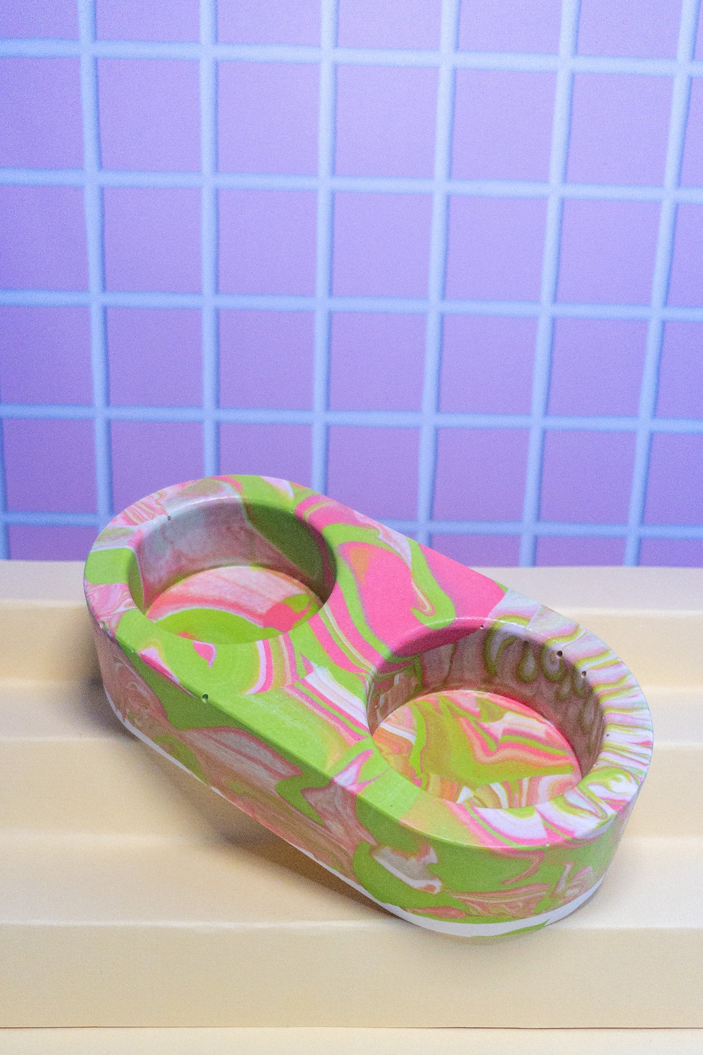 Pink, Green and White Marbled Oval Double Tealight Candle Holder