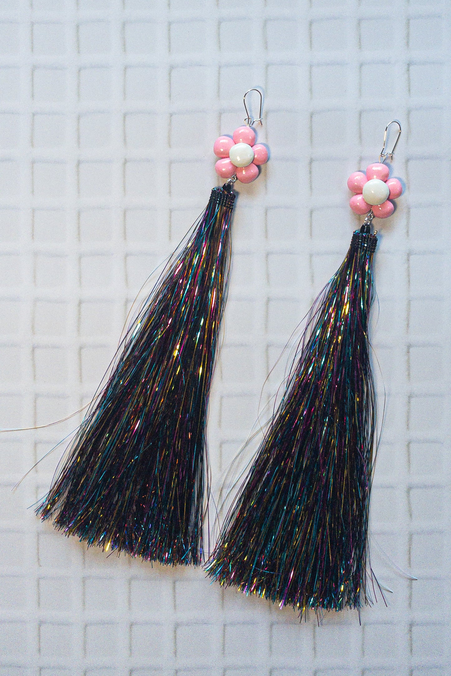 Pink and White Daisy + Multicoloured Tinsel Party Earrings