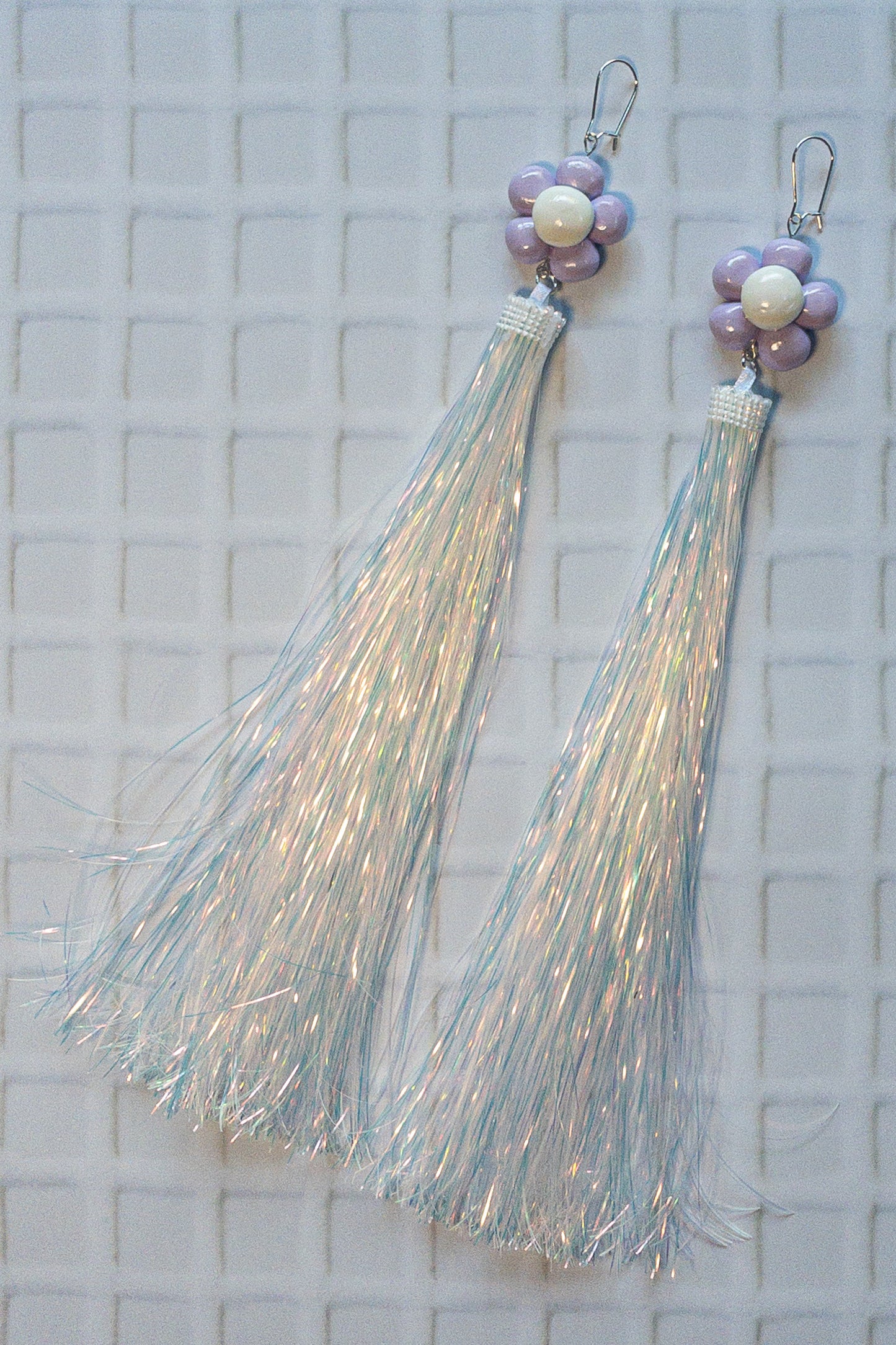 Lilac and White Daisy + Iridescent Tinsel Party Earrings