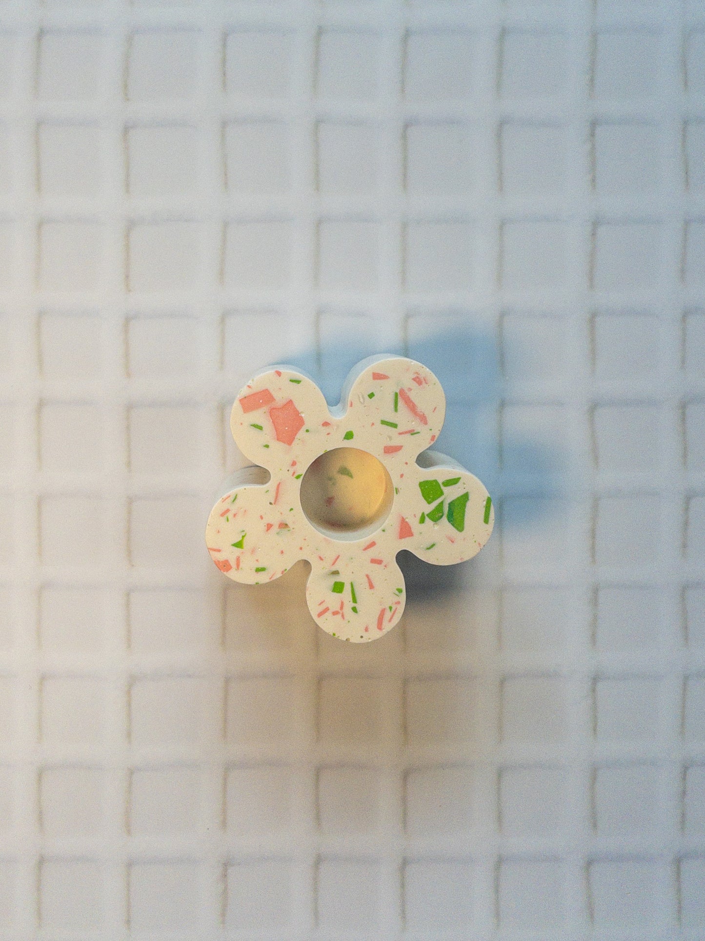 White, Pink and Green Terrazzo Daisy Taper Candle Holder