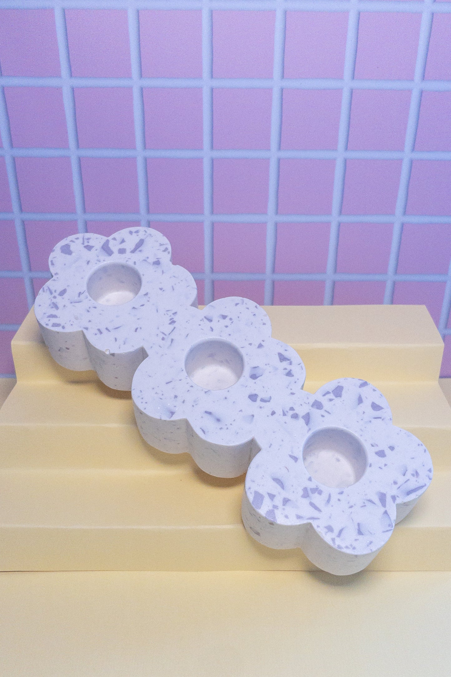 White and Lilac Terrazzo Daisy Chain Triple Taper Candle Holder