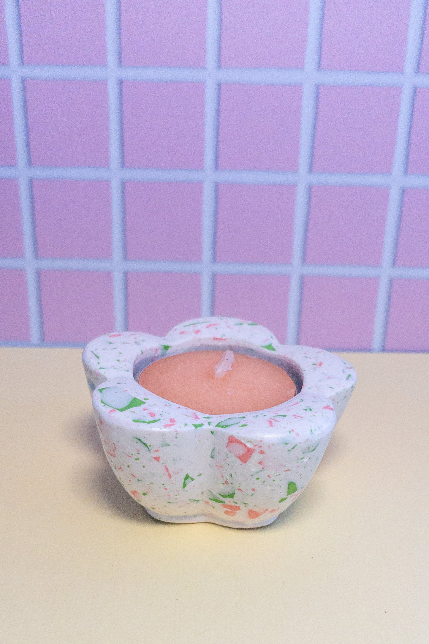 White, Pink and Green Terrazzo Daisy Tealight Candle Holder