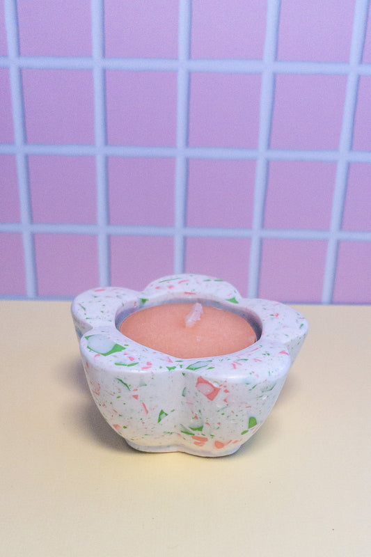 White, Pink and Green Terrazzo Daisy Tealight Candle Holder