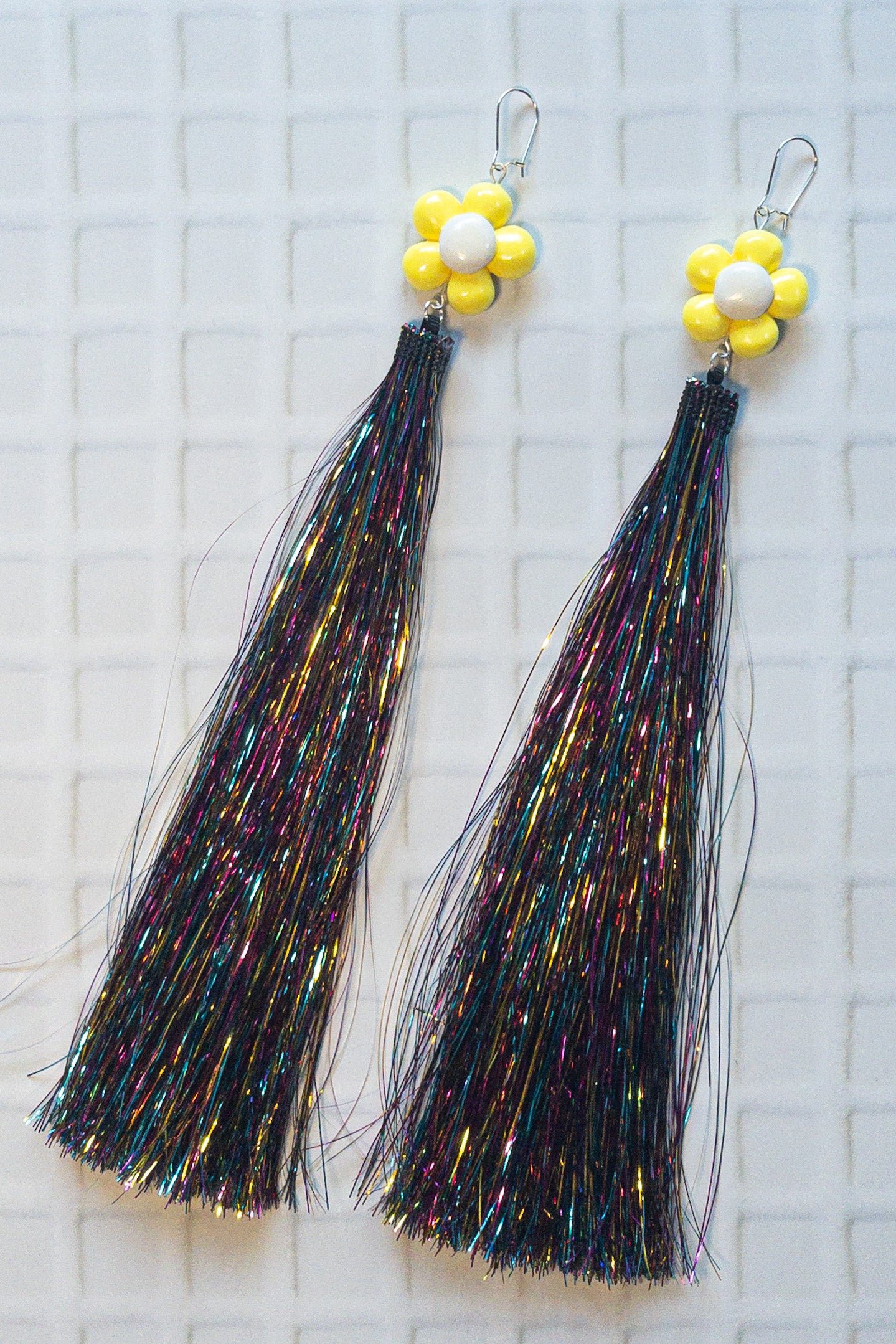 Yellow and White Daisy + Multicoloured Tinsel Party Earrings