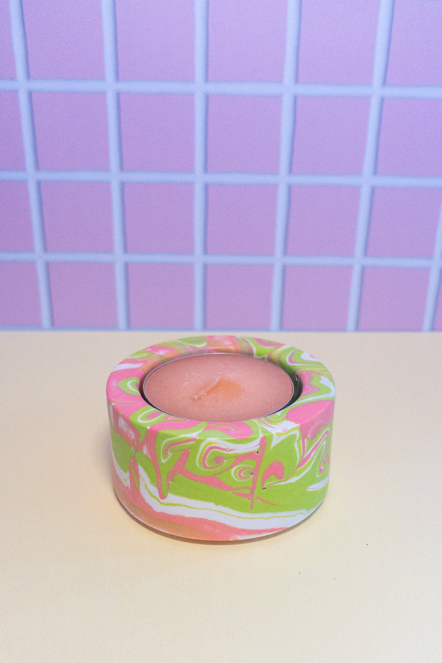 Pink, Green and White Marbled Circle Tealight Candle Holder