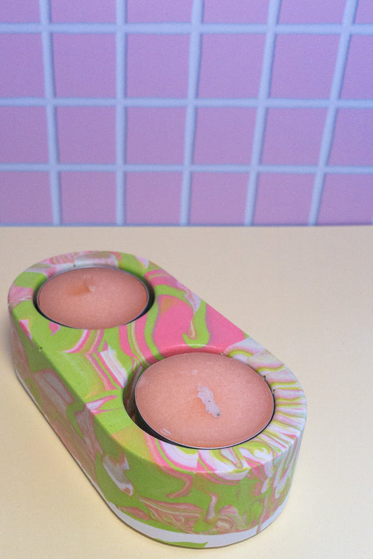 Pink, Green and White Marbled Oval Double Tealight Candle Holder