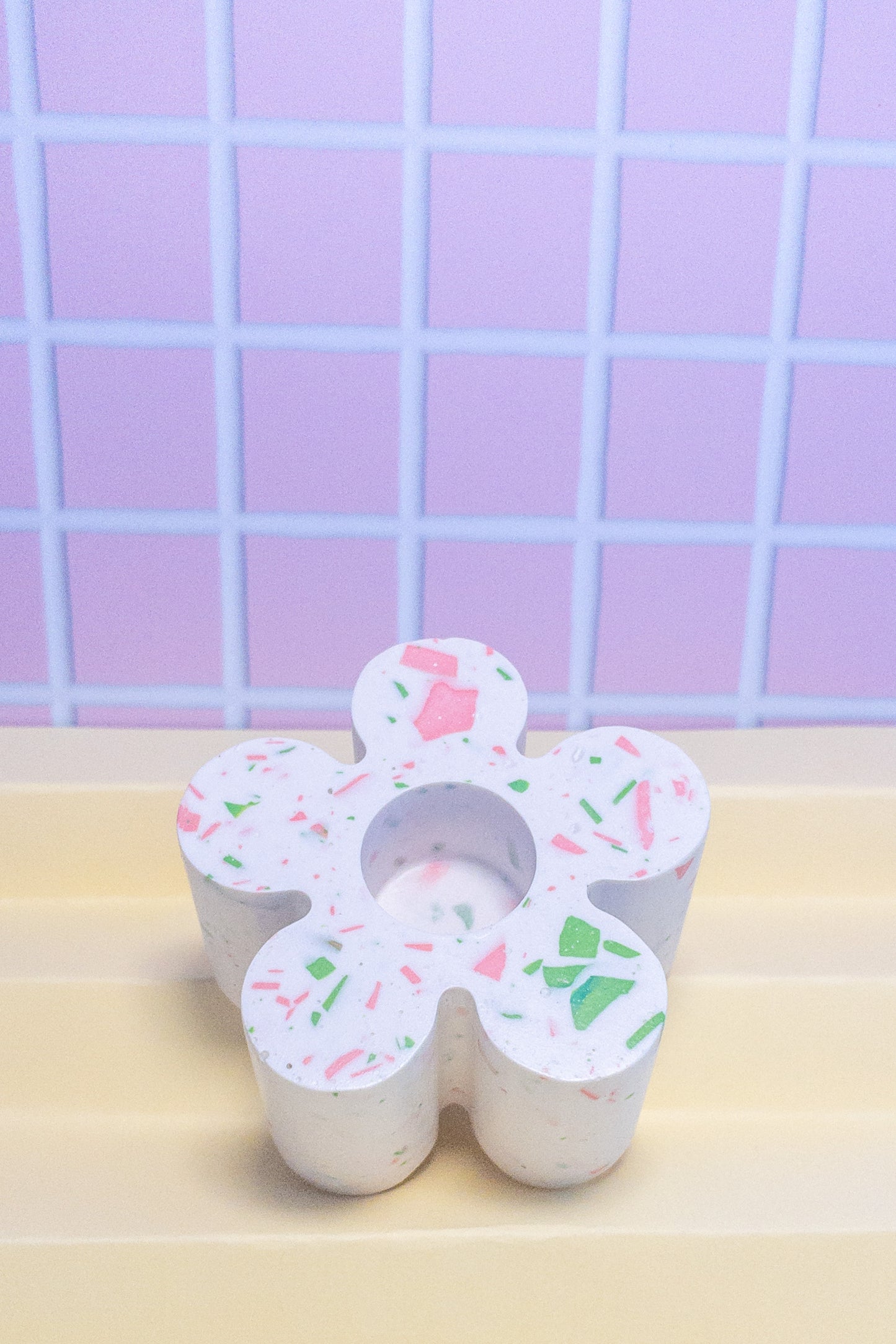 White, Pink and Green Terrazzo Daisy Taper Candle Holder