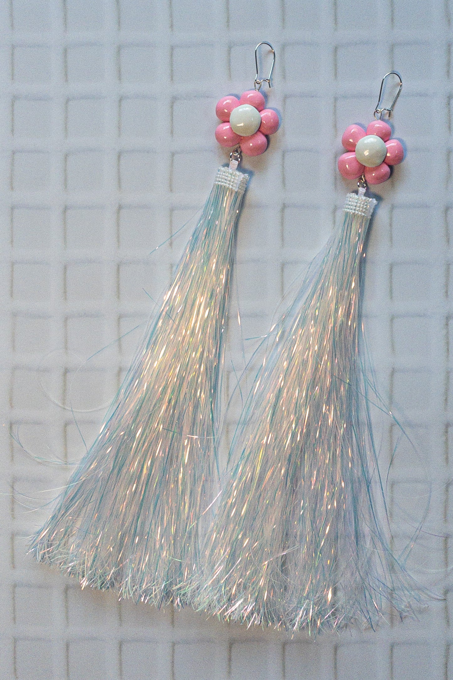 Pink and White Daisy + Iridescent Tinsel Party Earrings