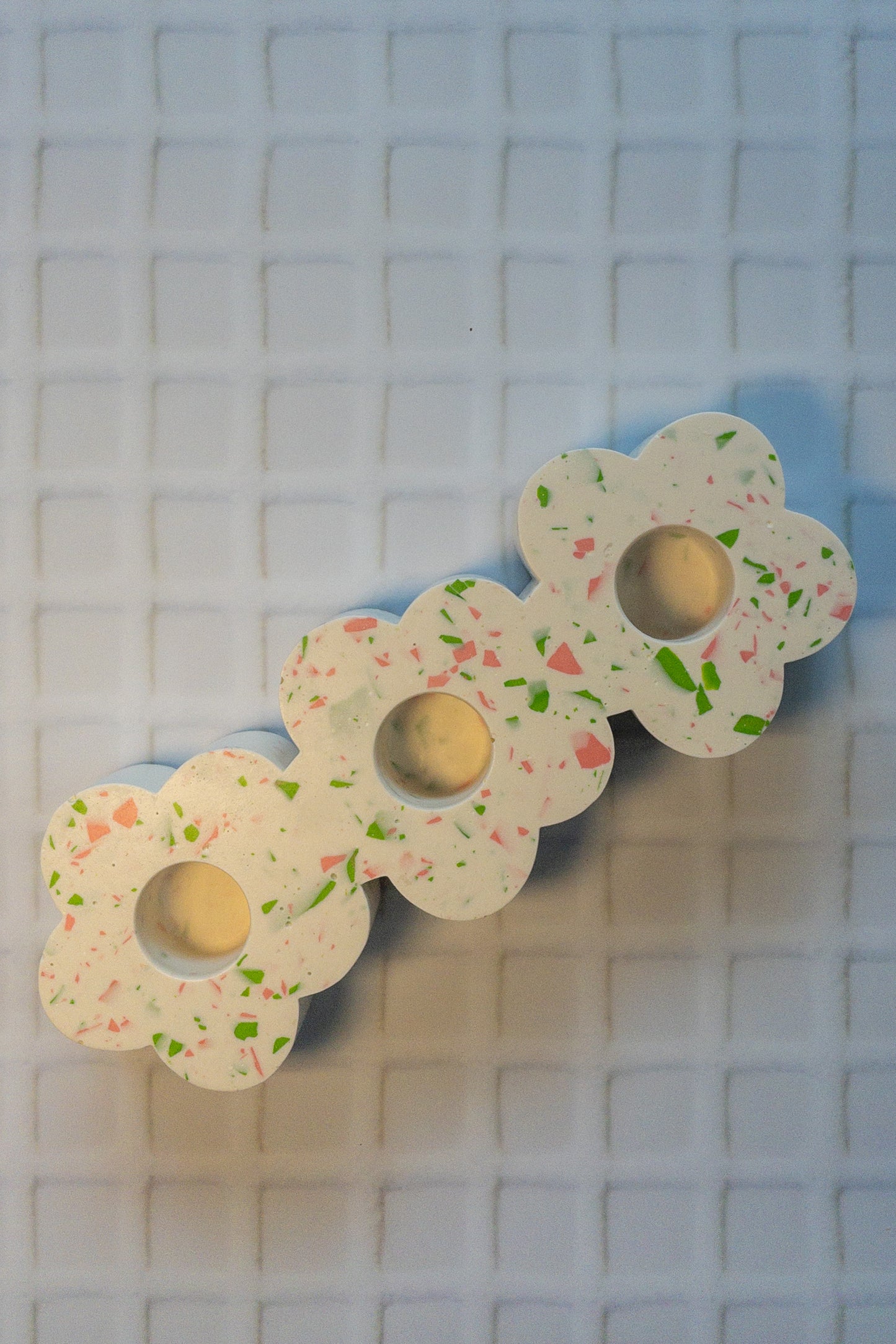 White, Pink and Green Terrazzo Daisy Chain Triple Taper Candle Holder