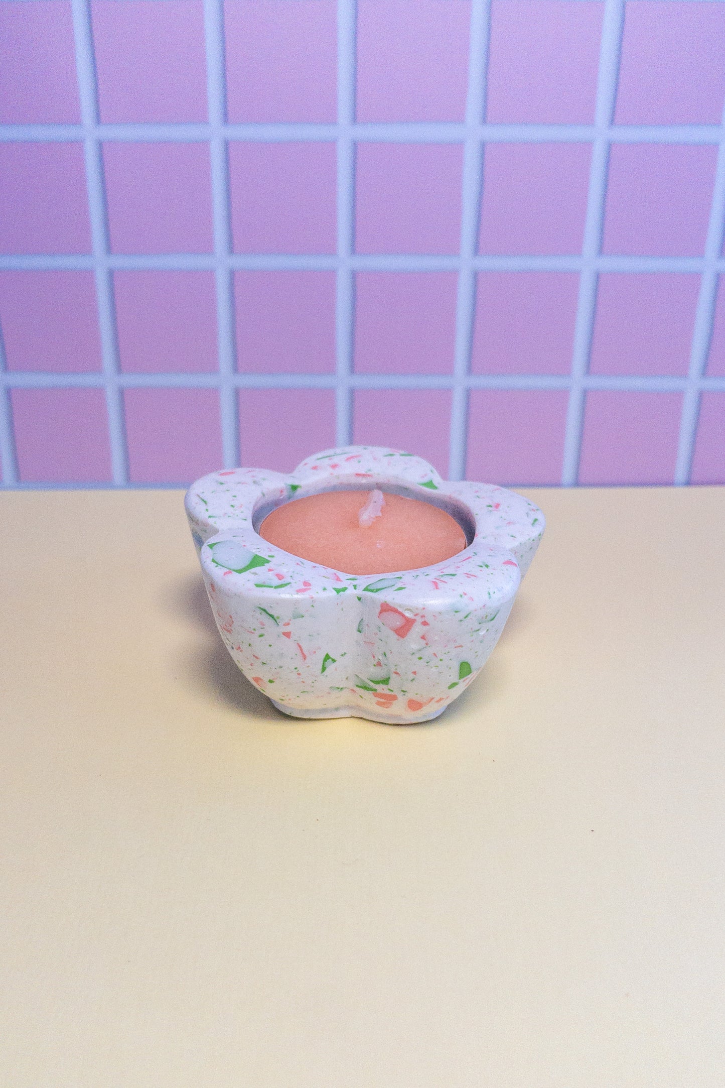 White, Pink and Green Terrazzo Daisy Tealight Candle Holder