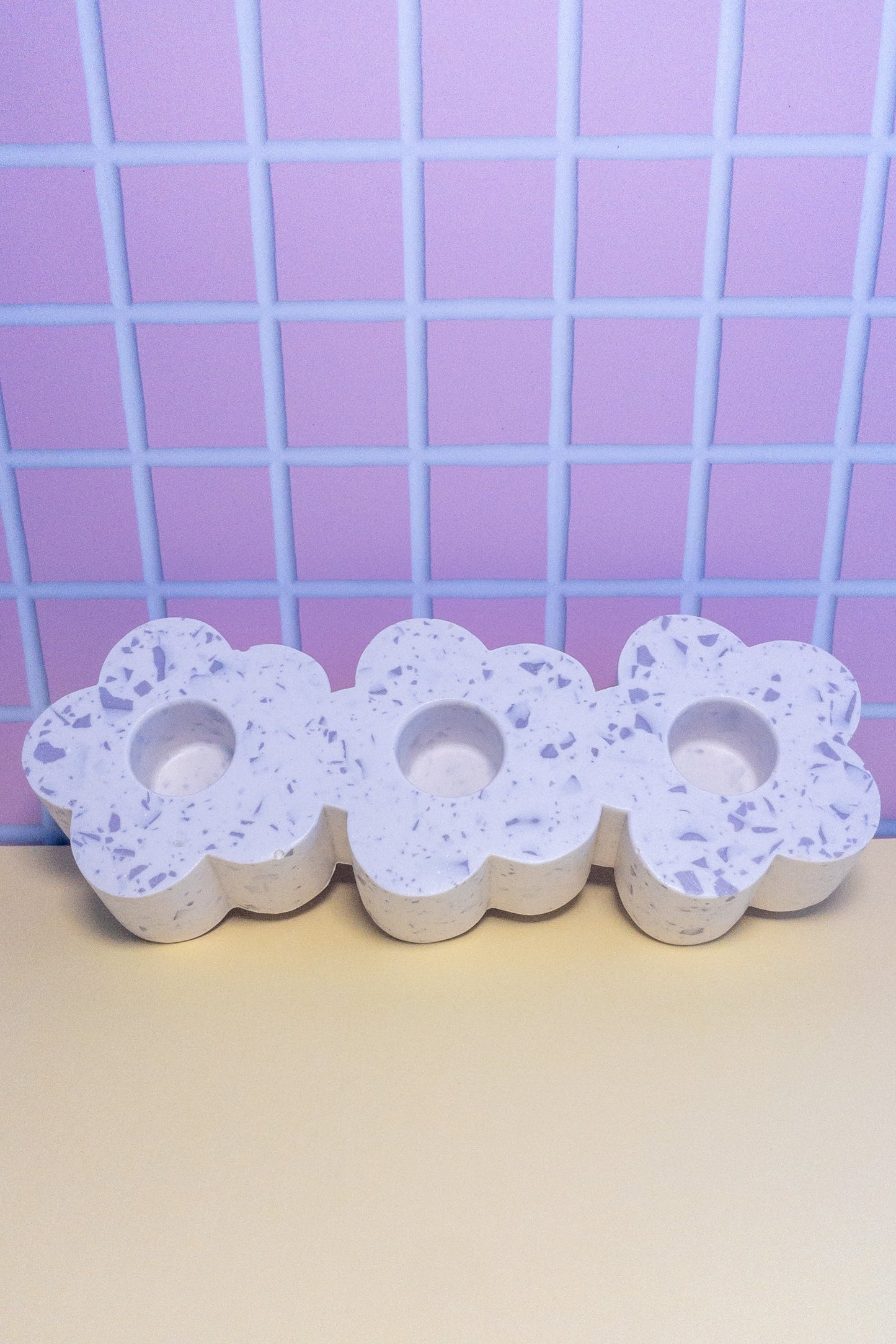 White and Lilac Terrazzo Daisy Chain Triple Taper Candle Holder