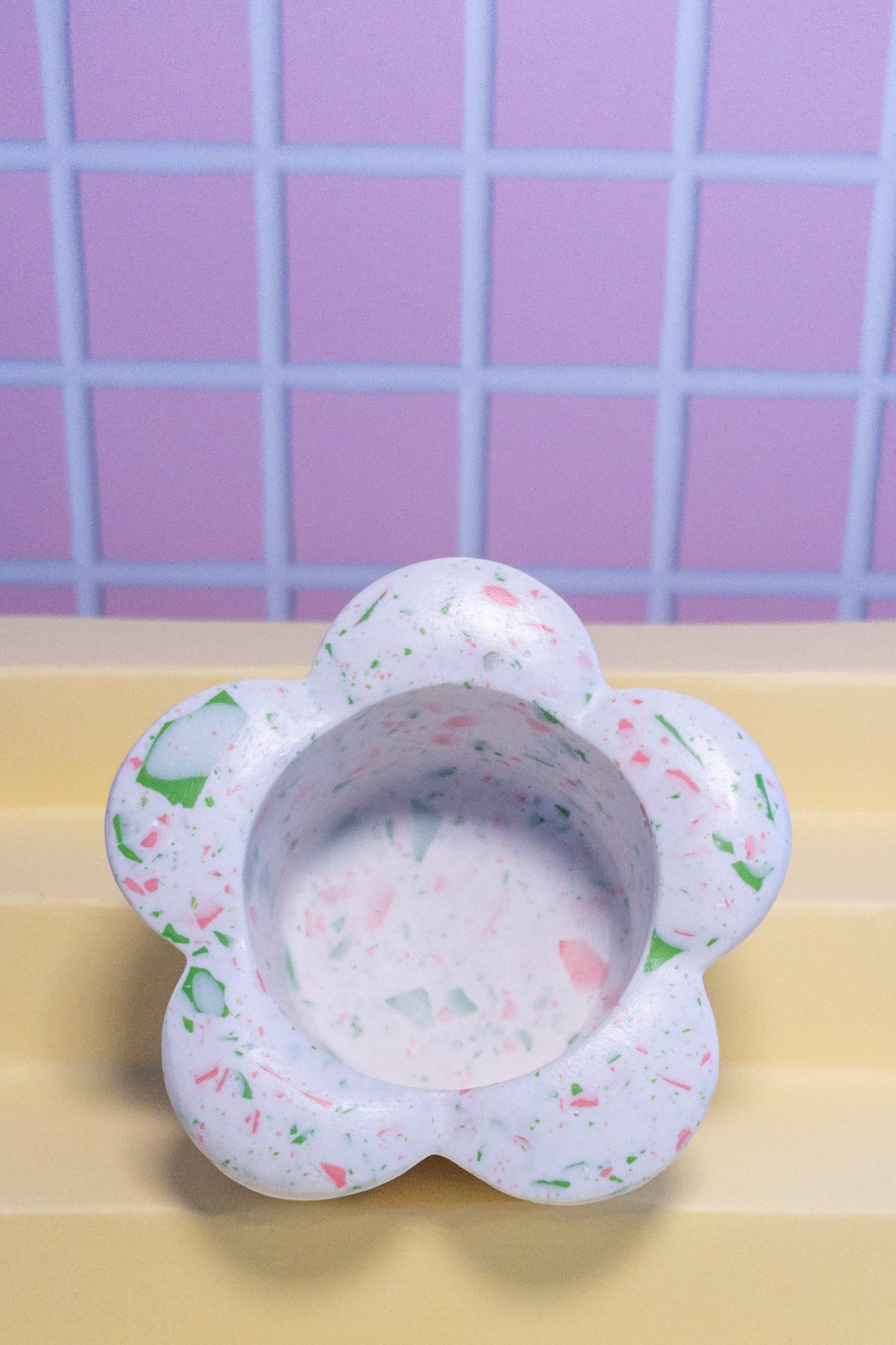 White, Pink and Green Terrazzo Daisy Tealight Candle Holder