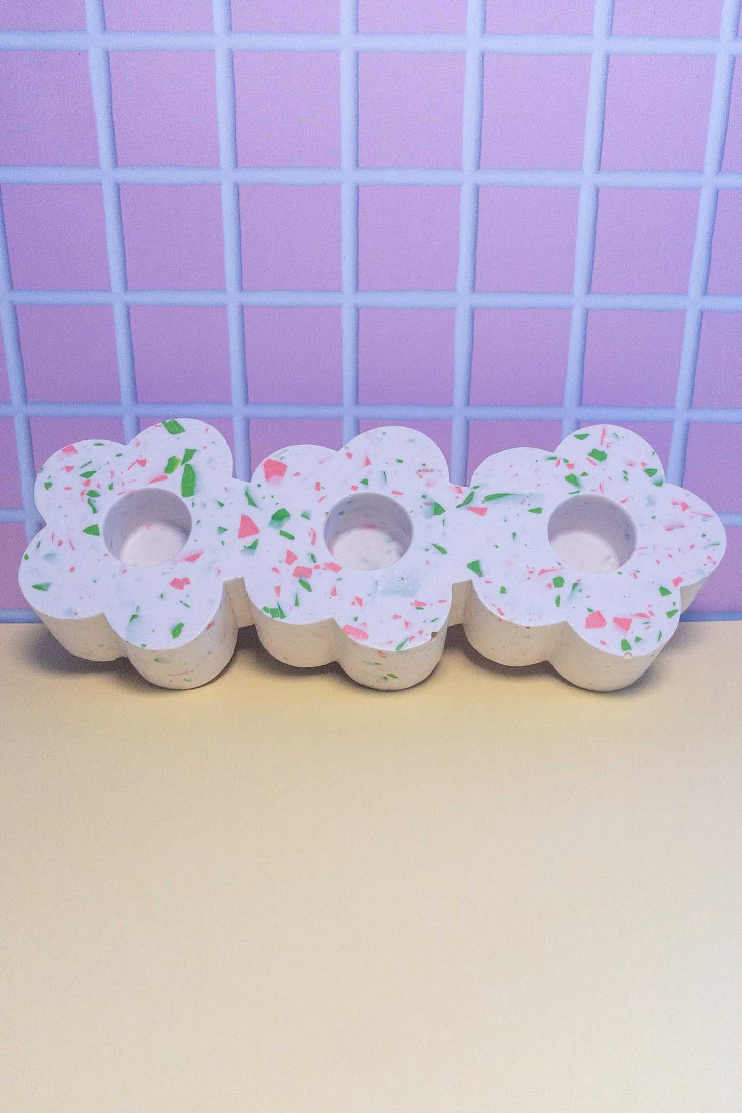 White, Pink and Green Terrazzo Daisy Chain Triple Taper Candle Holder