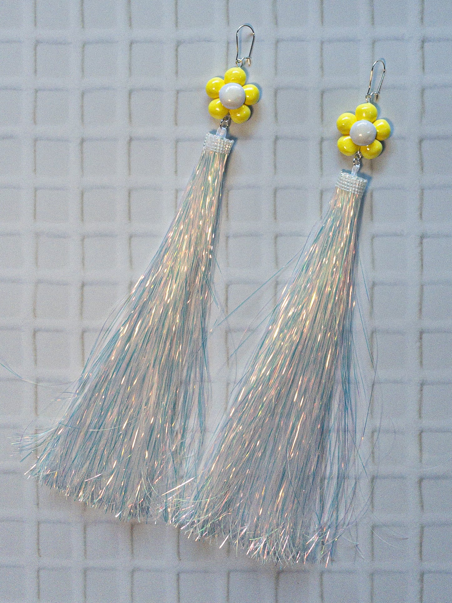 Yellow and White Daisy + Iridescent Tinsel Party Earrings