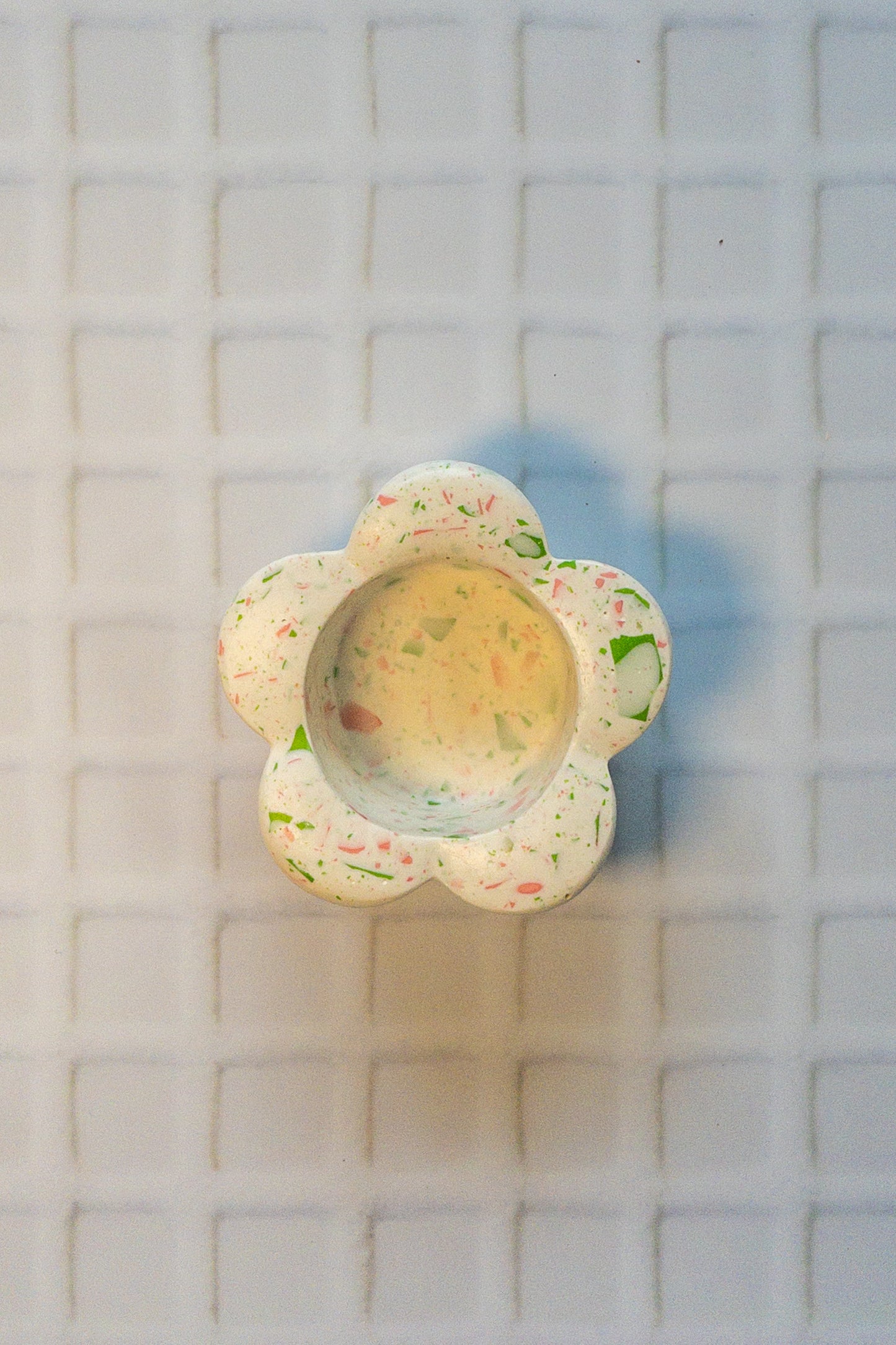 White, Pink and Green Terrazzo Daisy Tealight Candle Holder