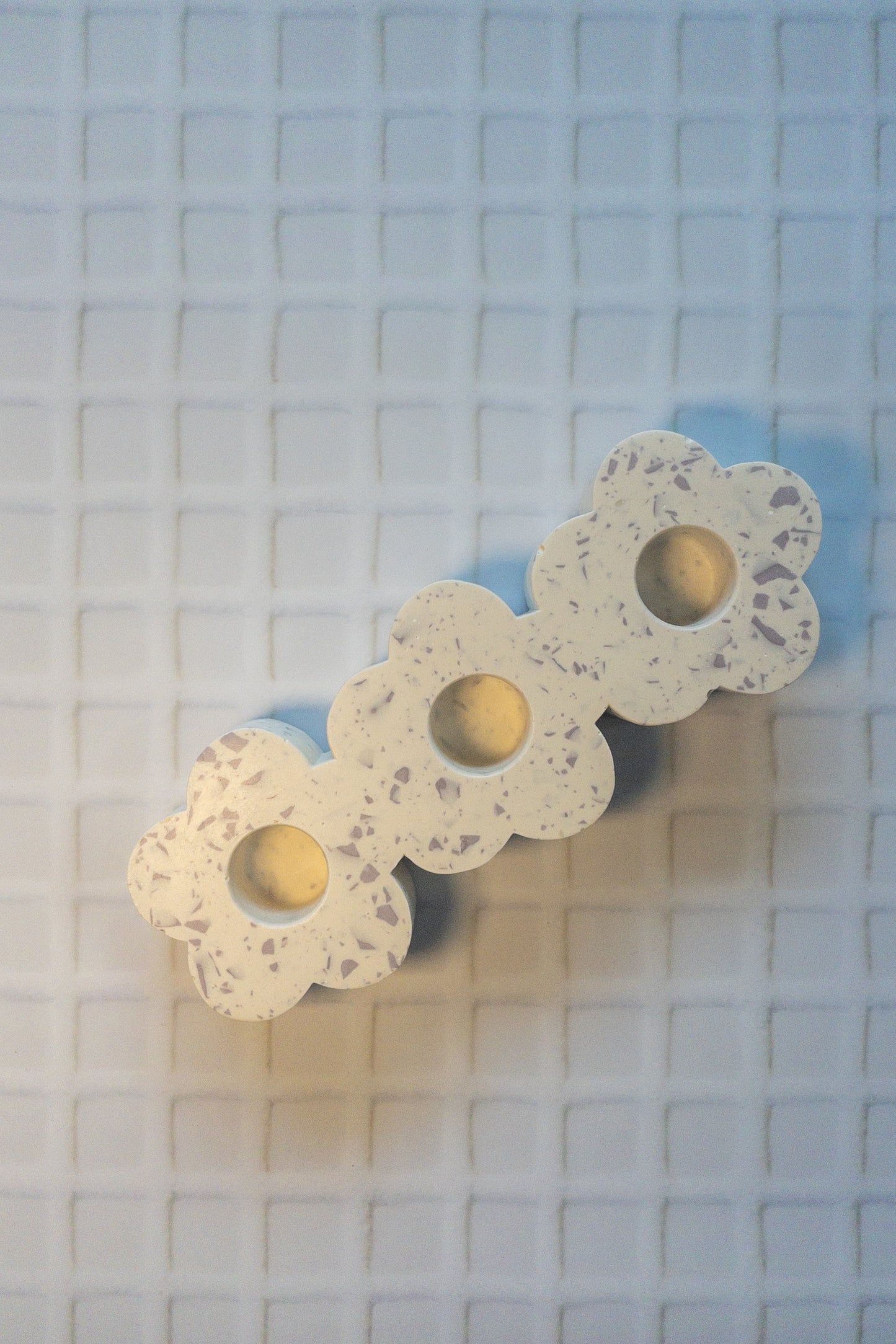 White and Lilac Terrazzo Daisy Chain Triple Taper Candle Holder