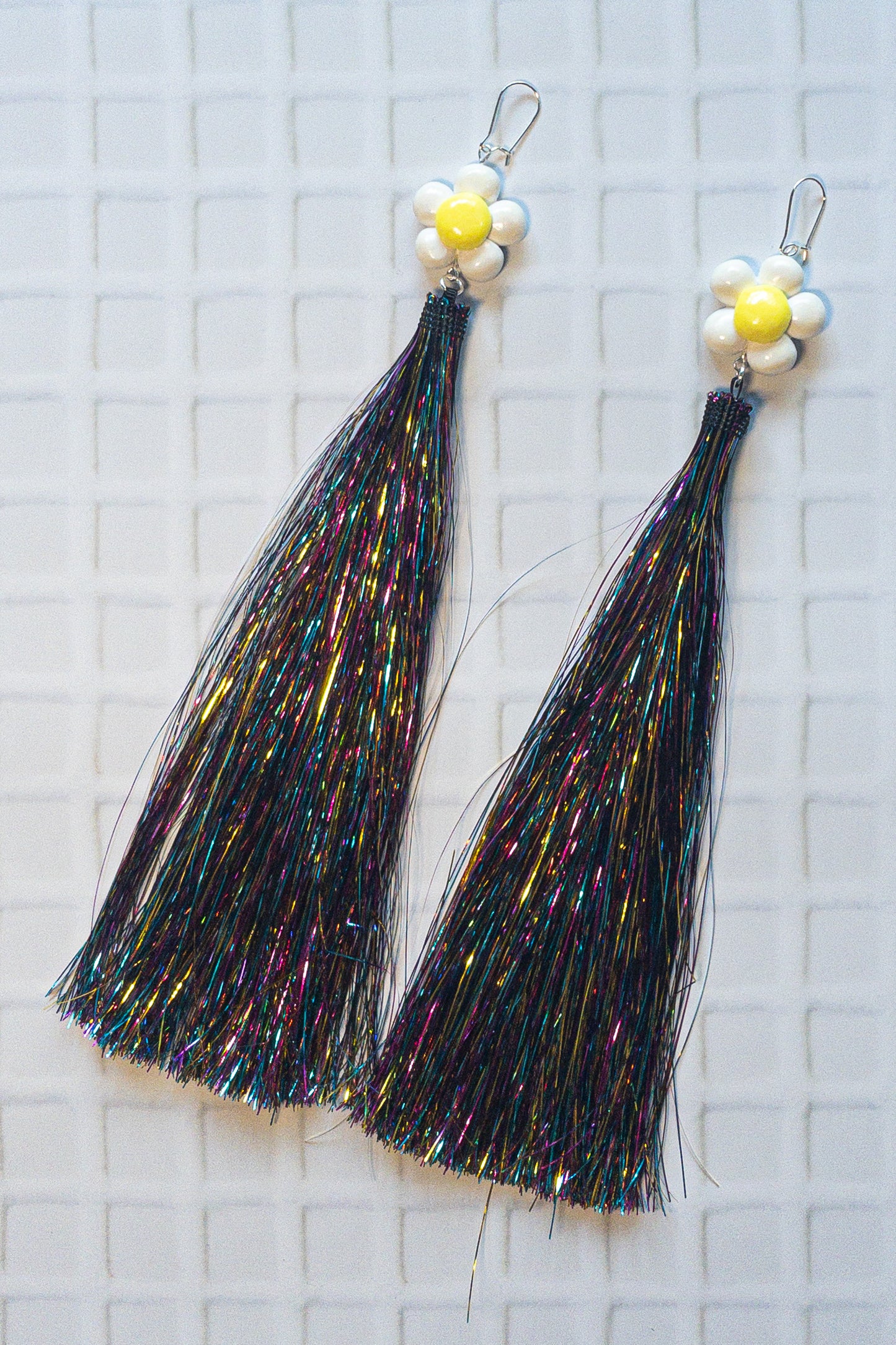 White and Yellow Daisy + Multicoloured Tinsel Party Earrings