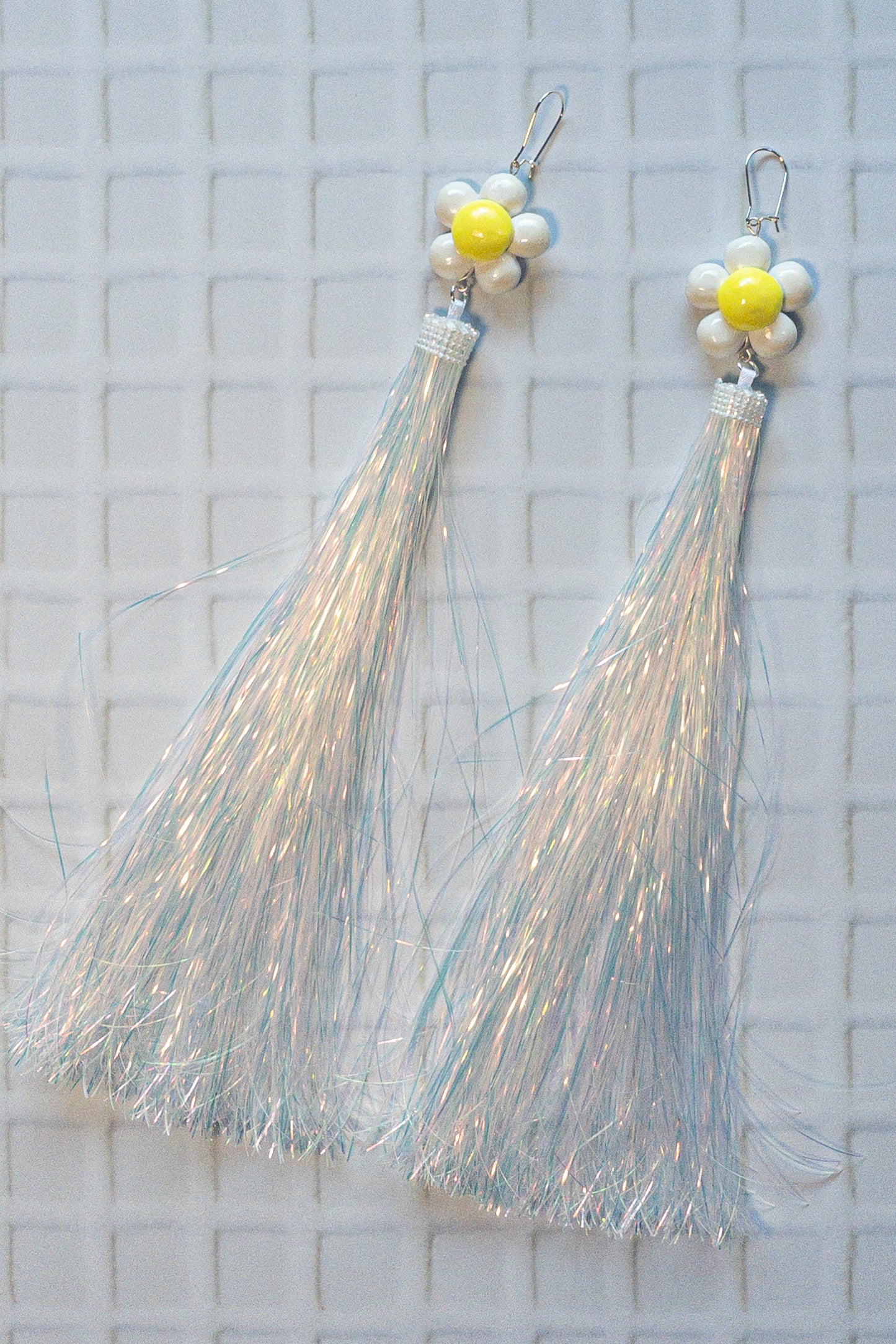 White and Yellow Daisy + Iridescent Tinsel Party Earrings