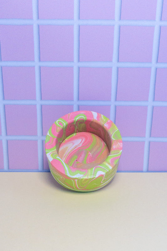 Pink, Green and White Marbled Circle Tealight Candle Holder