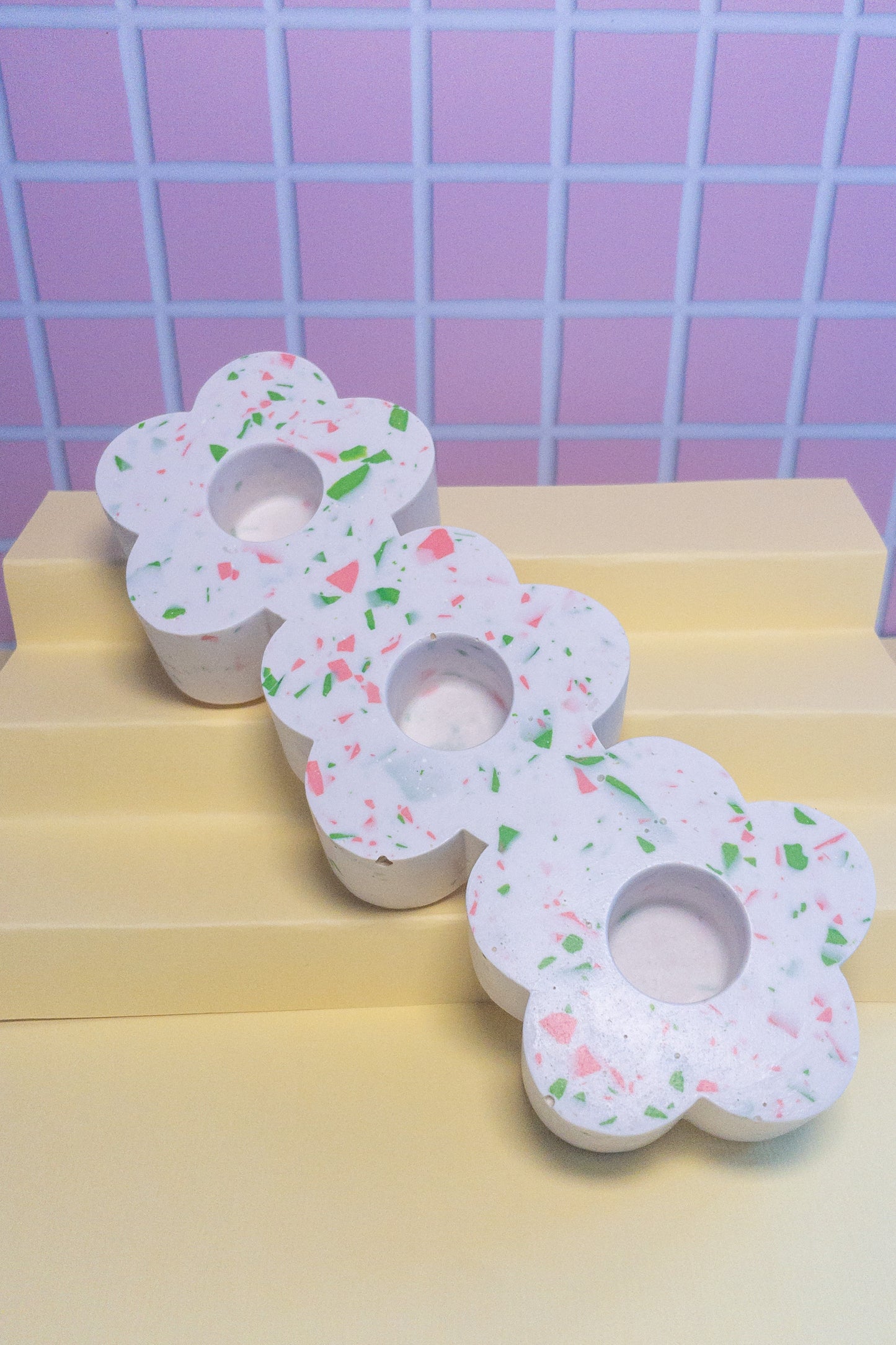 White, Pink and Green Terrazzo Daisy Chain Triple Taper Candle Holder