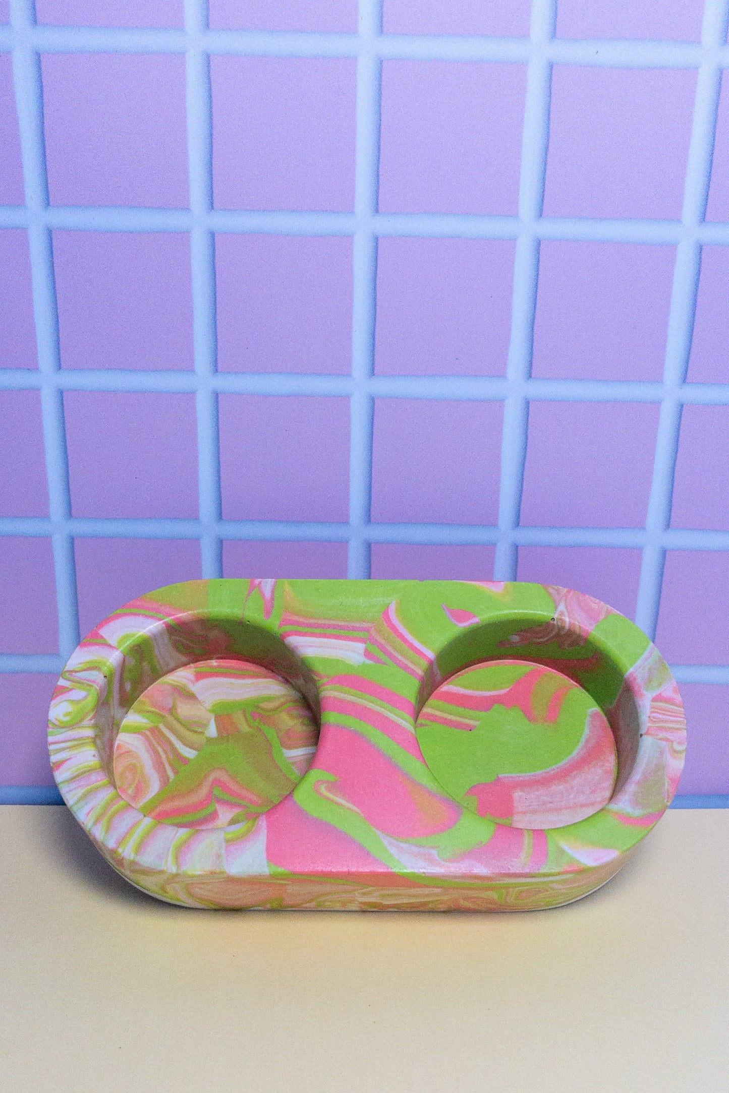 Pink, Green and White Marbled Oval Double Tealight Candle Holder