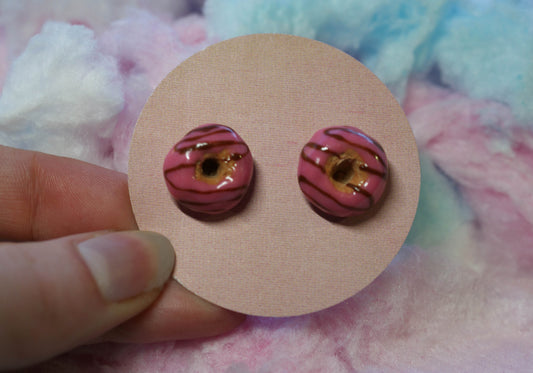 Strawberry Donut with Chocolate Swirl Handmade Stud Earrings